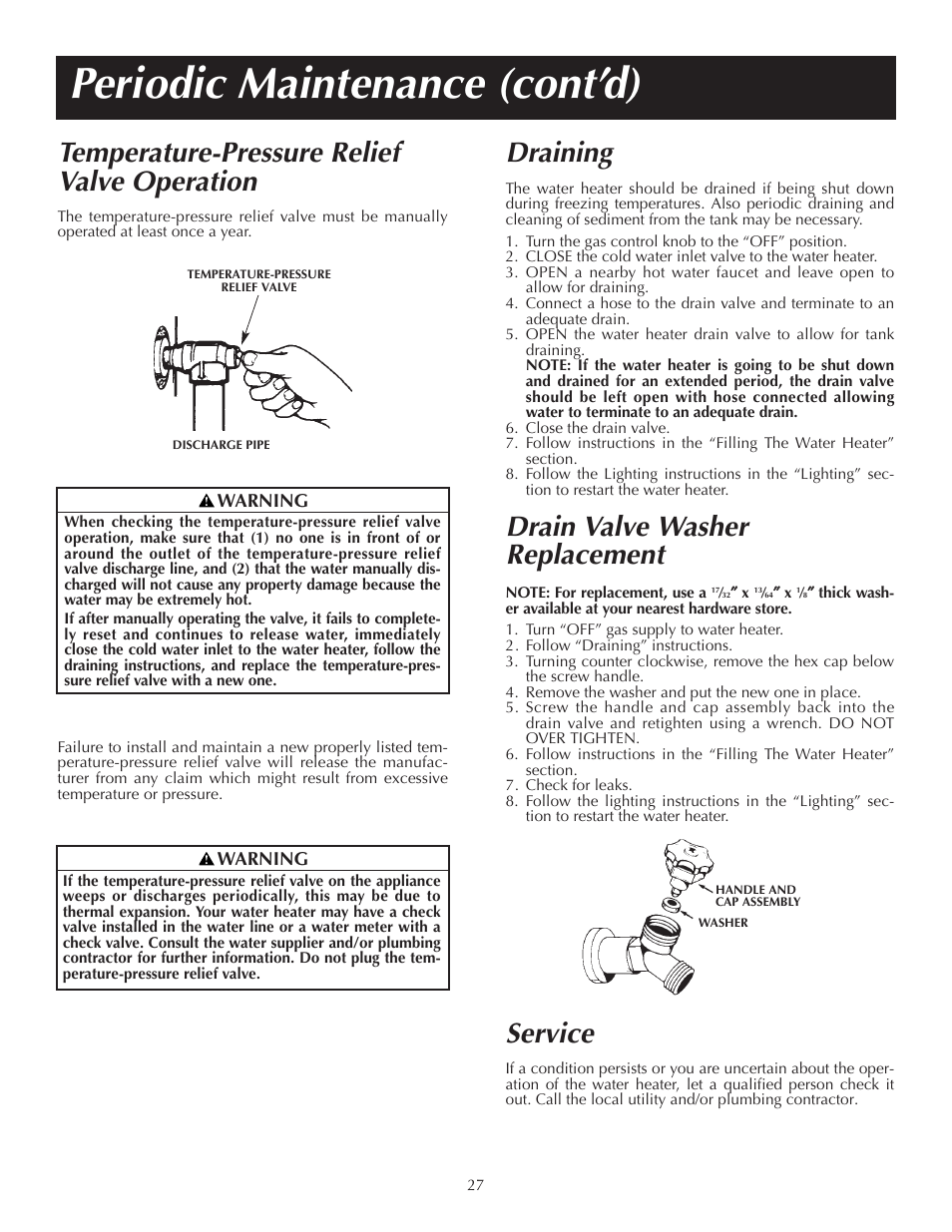 Periodic maintenance (cont’d), Service, Draining | Drain valve washer replacement, Temperature-pressure relief valve operation | State PR6 40 NHDST2 User Manual | Page 27 / 32