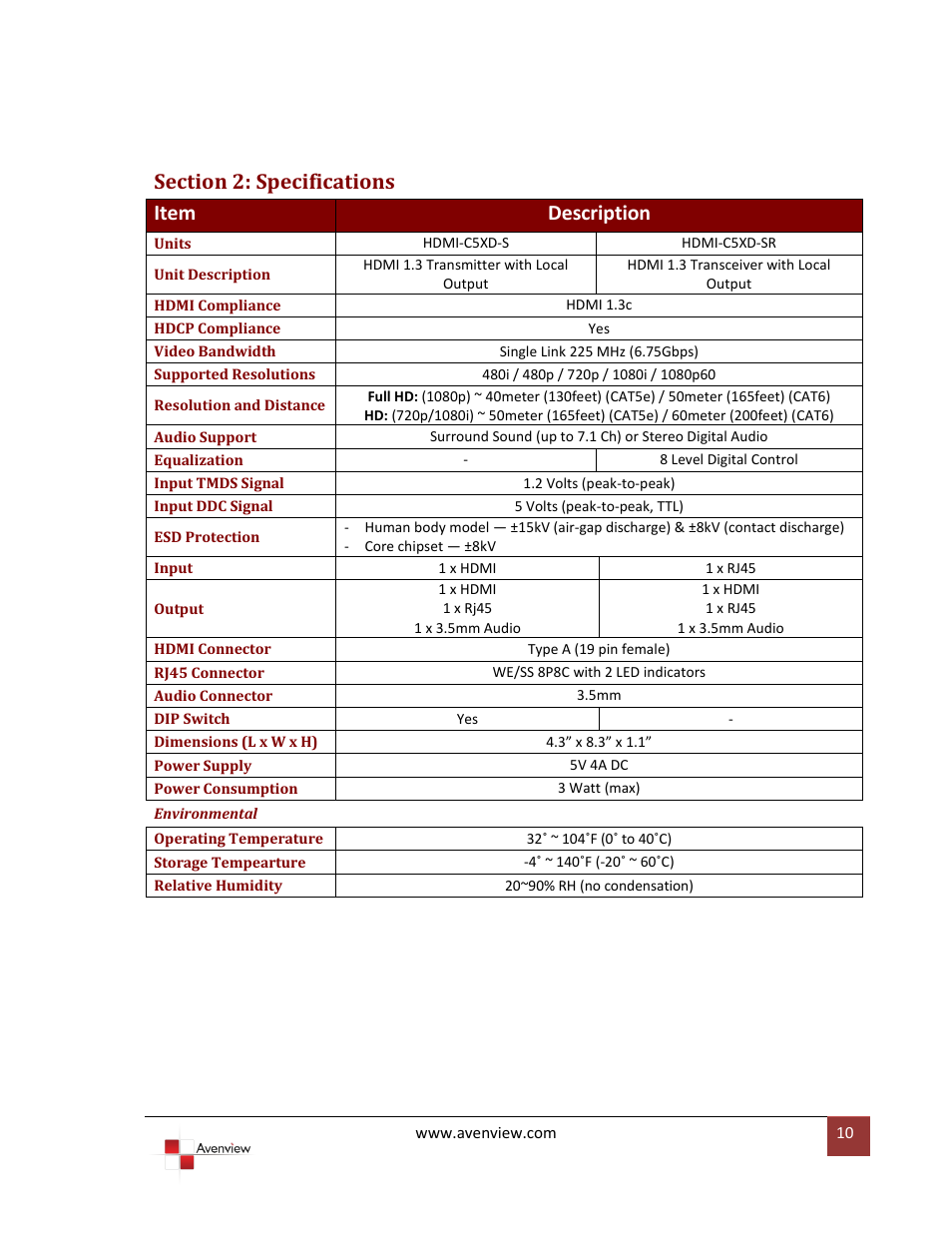 Section 2: specifications | Avenview HDMI-C5XD-S User Manual | Page 10 / 12