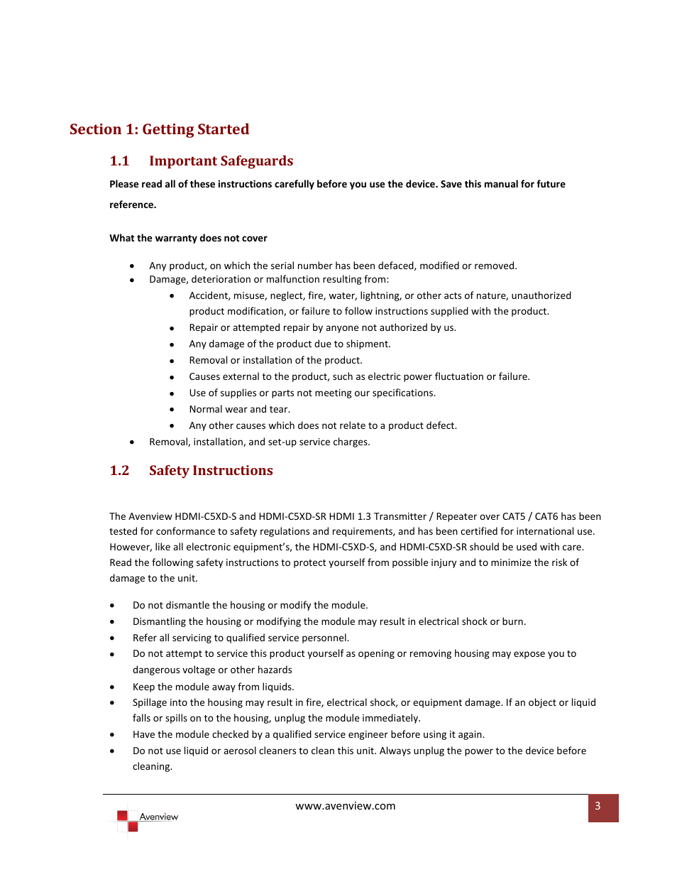 Section 1: getting started, 1 important safeguards, 2 safety instructions | Important safeguards, Safety instructions | Avenview HDMI-C5XD-S User Manual | Page 3 / 12