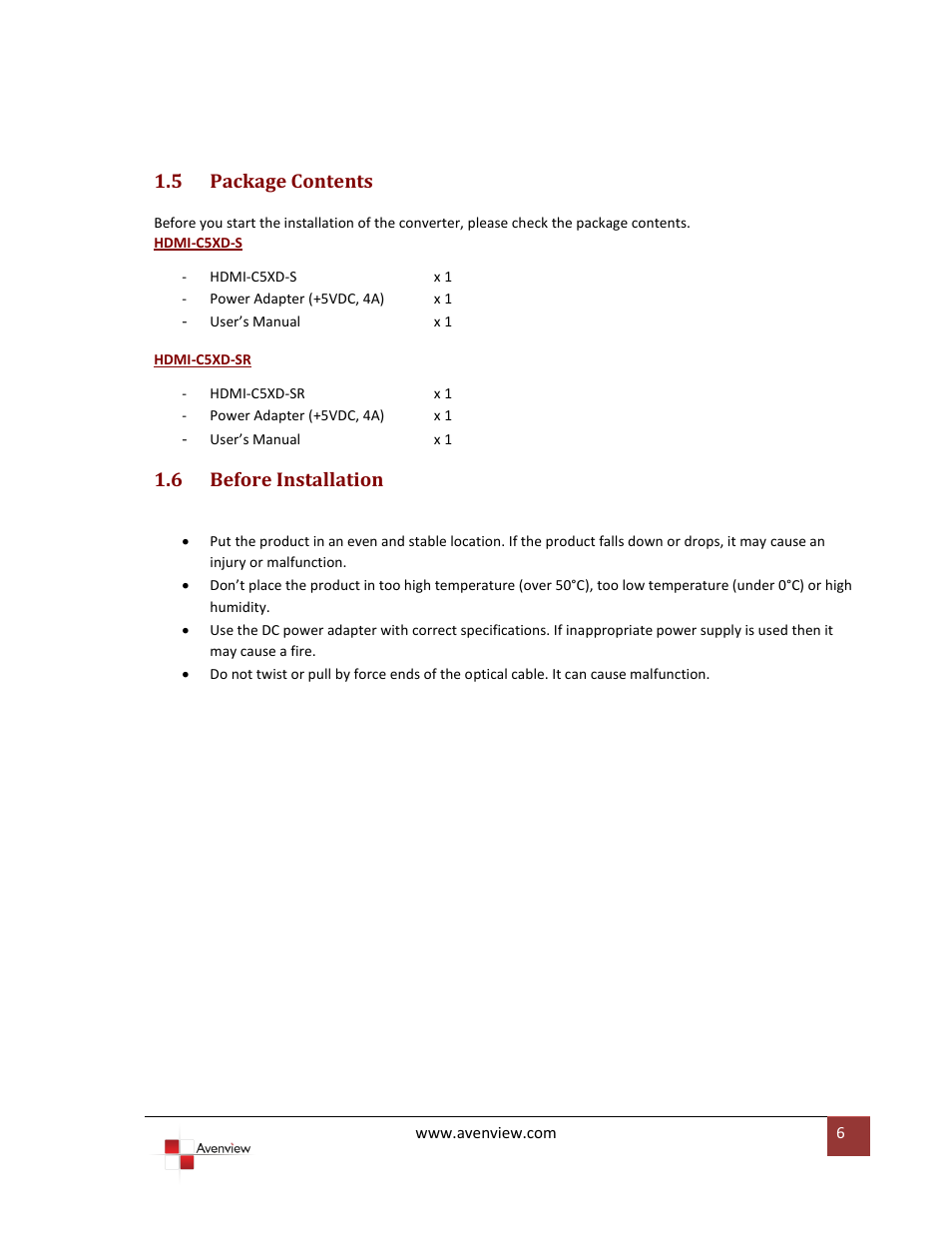 5 package contents, 6 before installation, Package contents | Before installation | Avenview HDMI-C5XD-S User Manual | Page 6 / 12