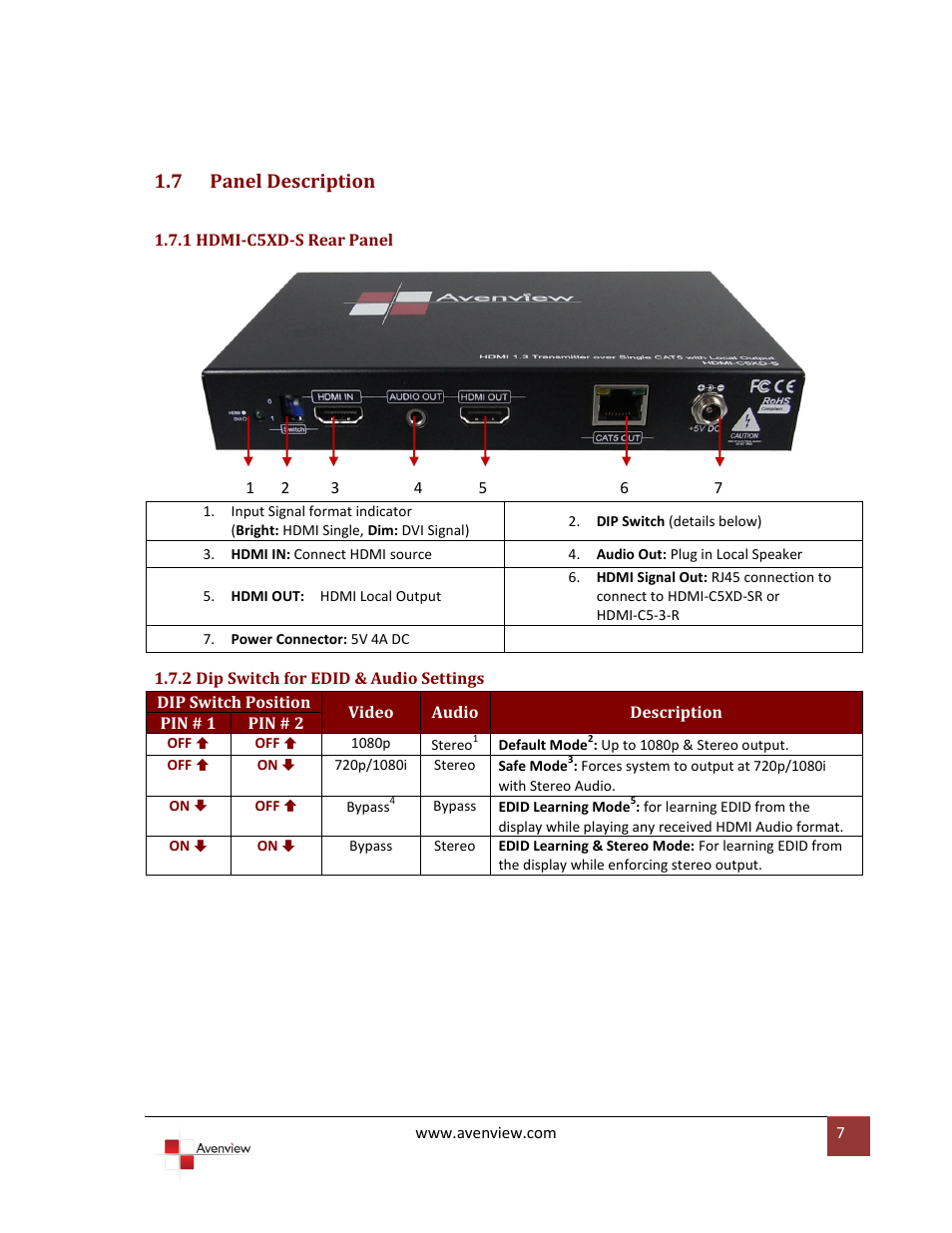 7 panel description, 1 hdmi-c5xd-s rear panel, 2 dip switch for edid & audio settings | Panel description | Avenview HDMI-C5XD-S User Manual | Page 7 / 12