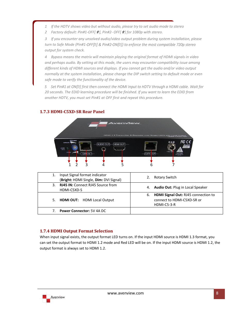 3 hdmi-c5xd-sr rear panel, 4 hdmi output format selection | Avenview HDMI-C5XD-S User Manual | Page 8 / 12