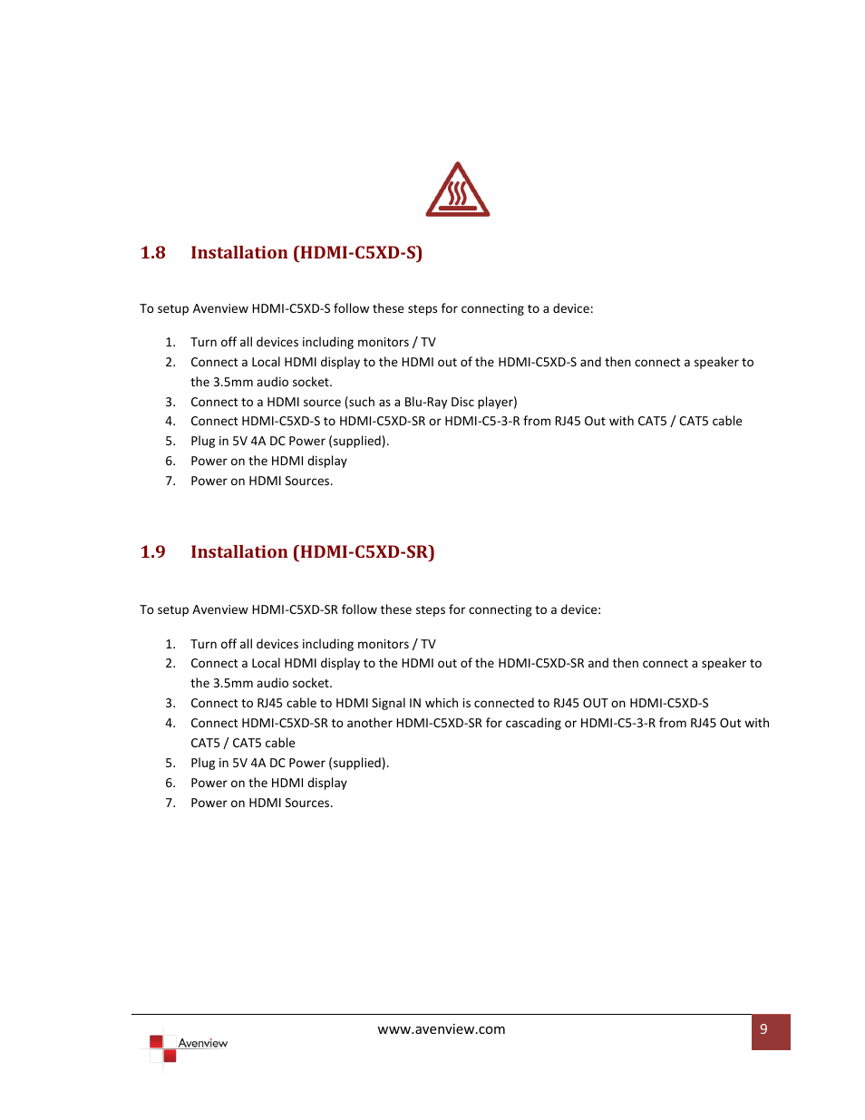 8 installation (hdmi-c5xd-s), 9 installation (hdmi-c5xd-sr), Installation (hdmi-c5xd-s) | Installation (hdmi-c5xd-sr) | Avenview HDMI-C5XD-S User Manual | Page 9 / 12