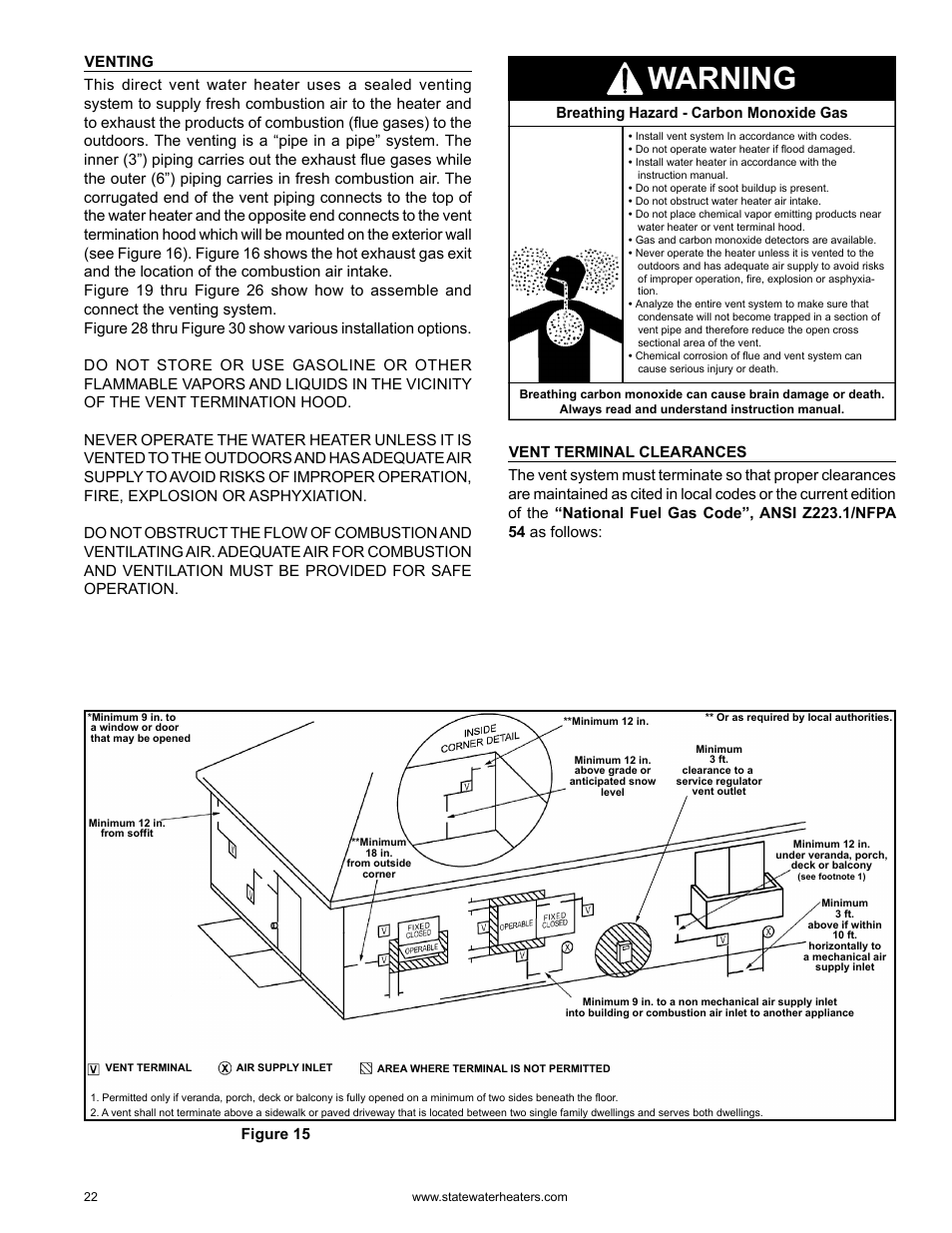 Warning, Figure 15, Breathing hazard - carbon monoxide gas | State GS6 75 YRDS L User Manual | Page 22 / 48