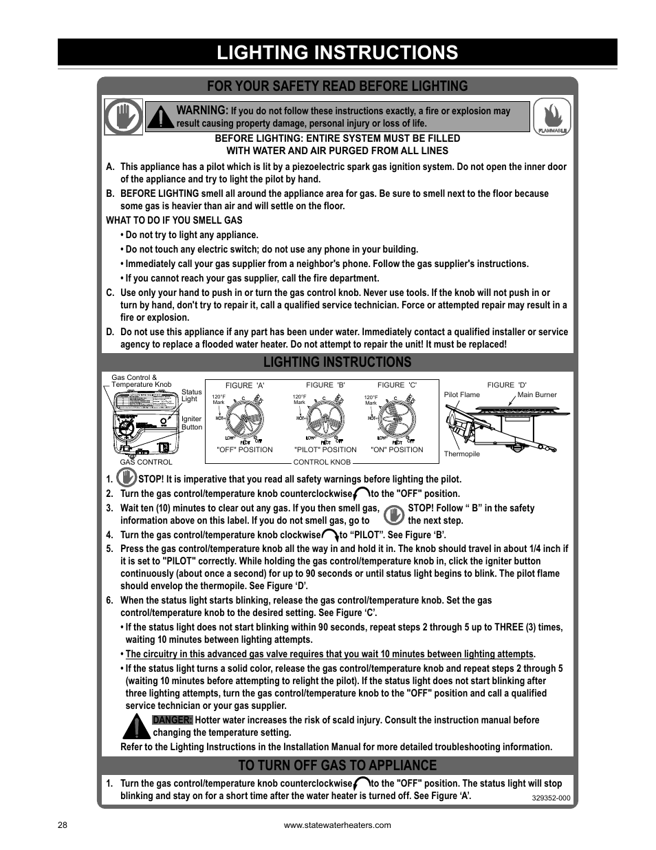 Lighting instructions, For your safety read before lighting, Warning | State GS6 75 YRDS L User Manual | Page 28 / 48