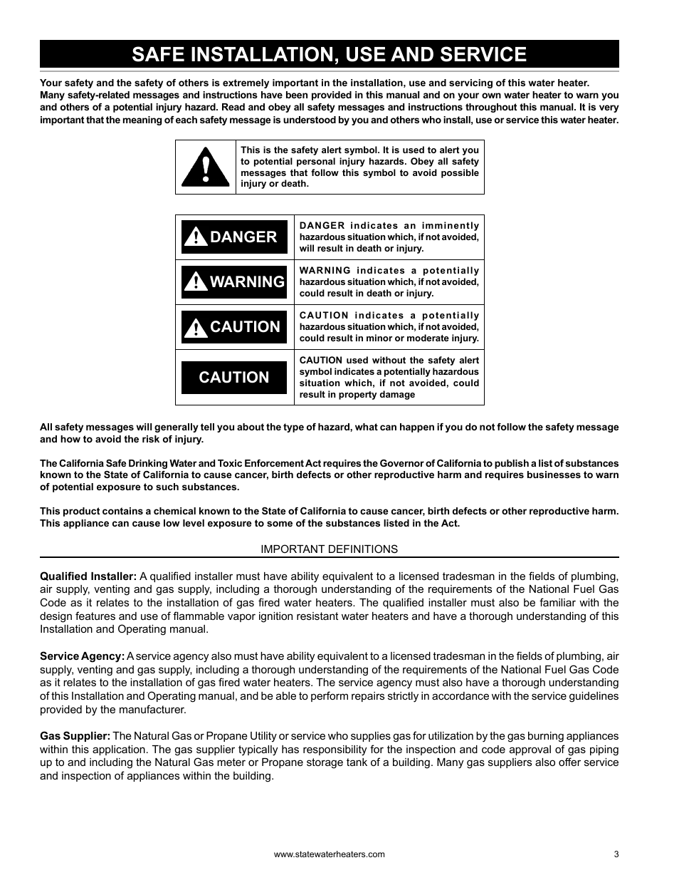 Safe installation, use and service, Caution warning caution danger | State GS6 75 YRDS L User Manual | Page 3 / 48