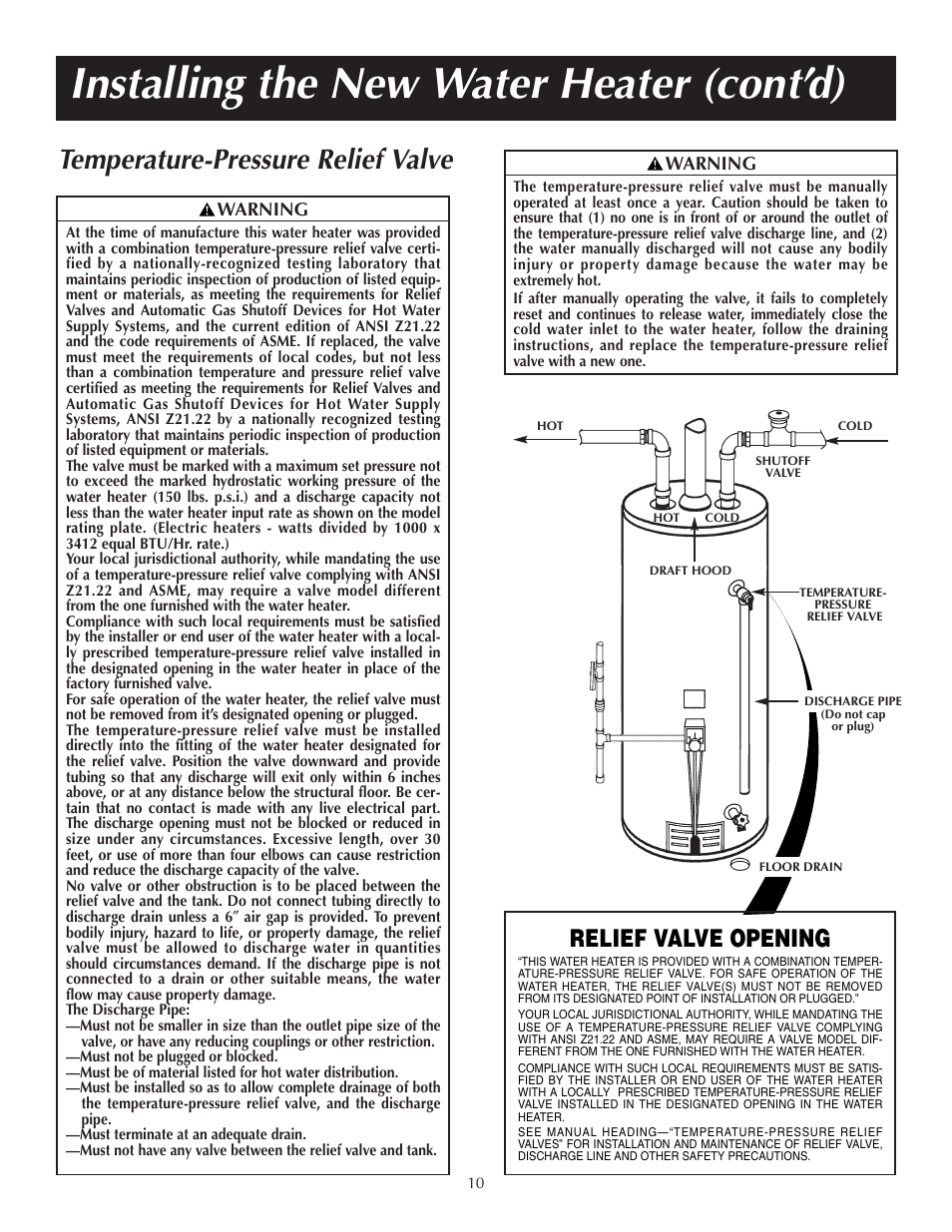 Installing the new water heater (cont’d), Temperature-pressure relief valve, Relief valve opening | State GS6 65 XRRT User Manual | Page 10 / 24