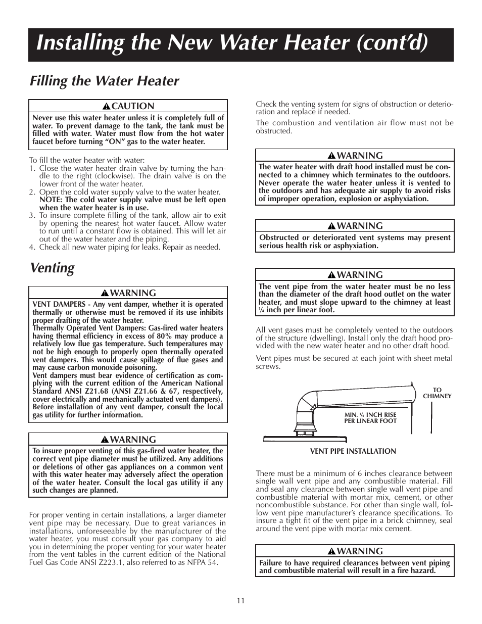 Installing the new water heater (cont’d), Filling the water heater, Venting | State GS6 65 XRRT User Manual | Page 11 / 24
