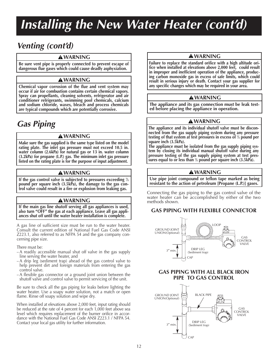 Installing the new water heater (cont’d), Gas piping venting (cont’d), Warning | State GS6 65 XRRT User Manual | Page 12 / 24