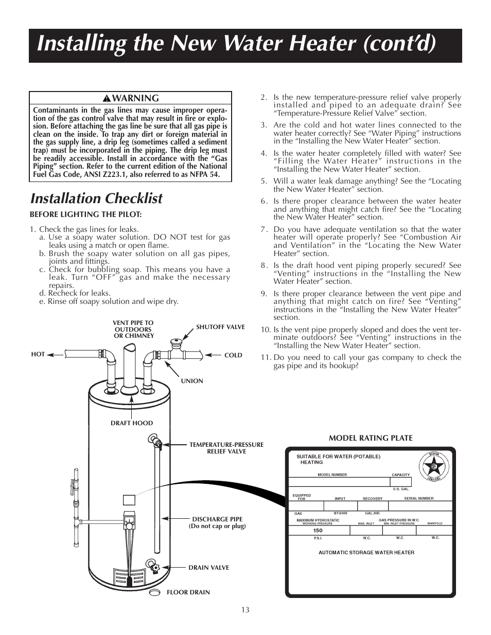 Installing the new water heater (cont’d), Installation checklist | State GS6 65 XRRT User Manual | Page 13 / 24