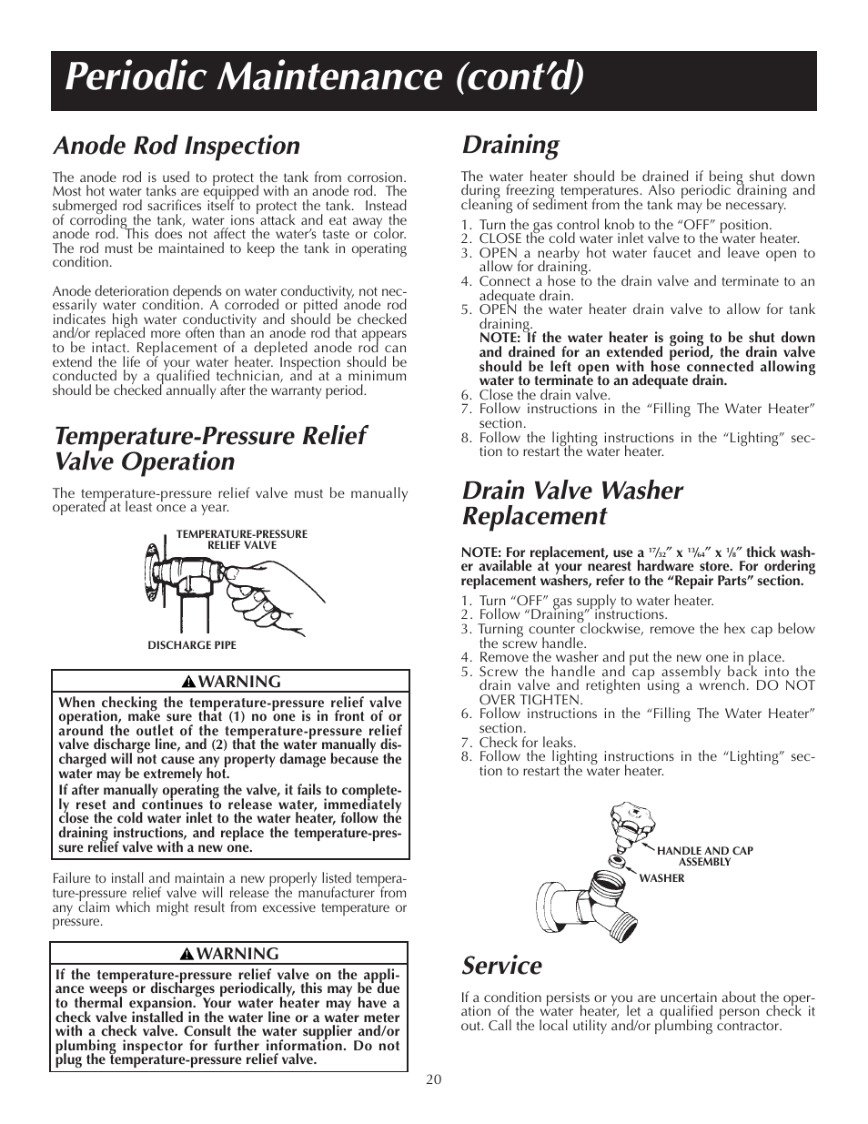 Periodic maintenance (cont’d), Service, Draining | Drain valve washer replacement, Temperature-pressure relief valve operation, Anode rod inspection | State GS6 65 XRRT User Manual | Page 20 / 24