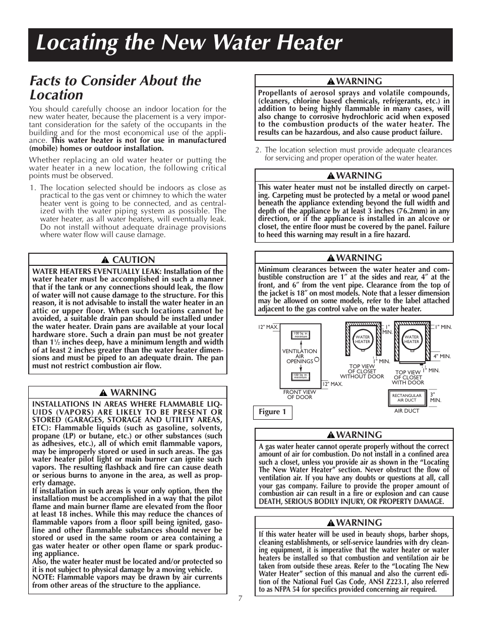 Locating the new water heater, Facts to consider about the location, Warning | Caution | State GS6 65 XRRT User Manual | Page 7 / 24