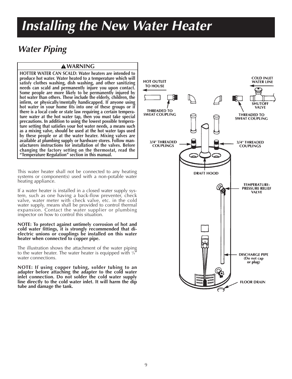 Installing the new water heater, Water piping | State GS6 65 XRRT User Manual | Page 9 / 24