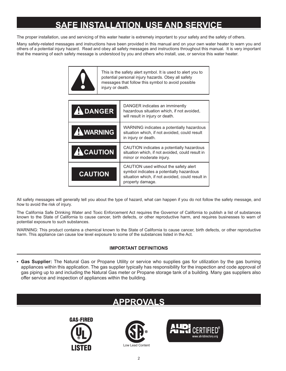 Safe installation, use and service, Approvals, Warning caution caution danger | State GP6 50 YTVIT User Manual | Page 2 / 40