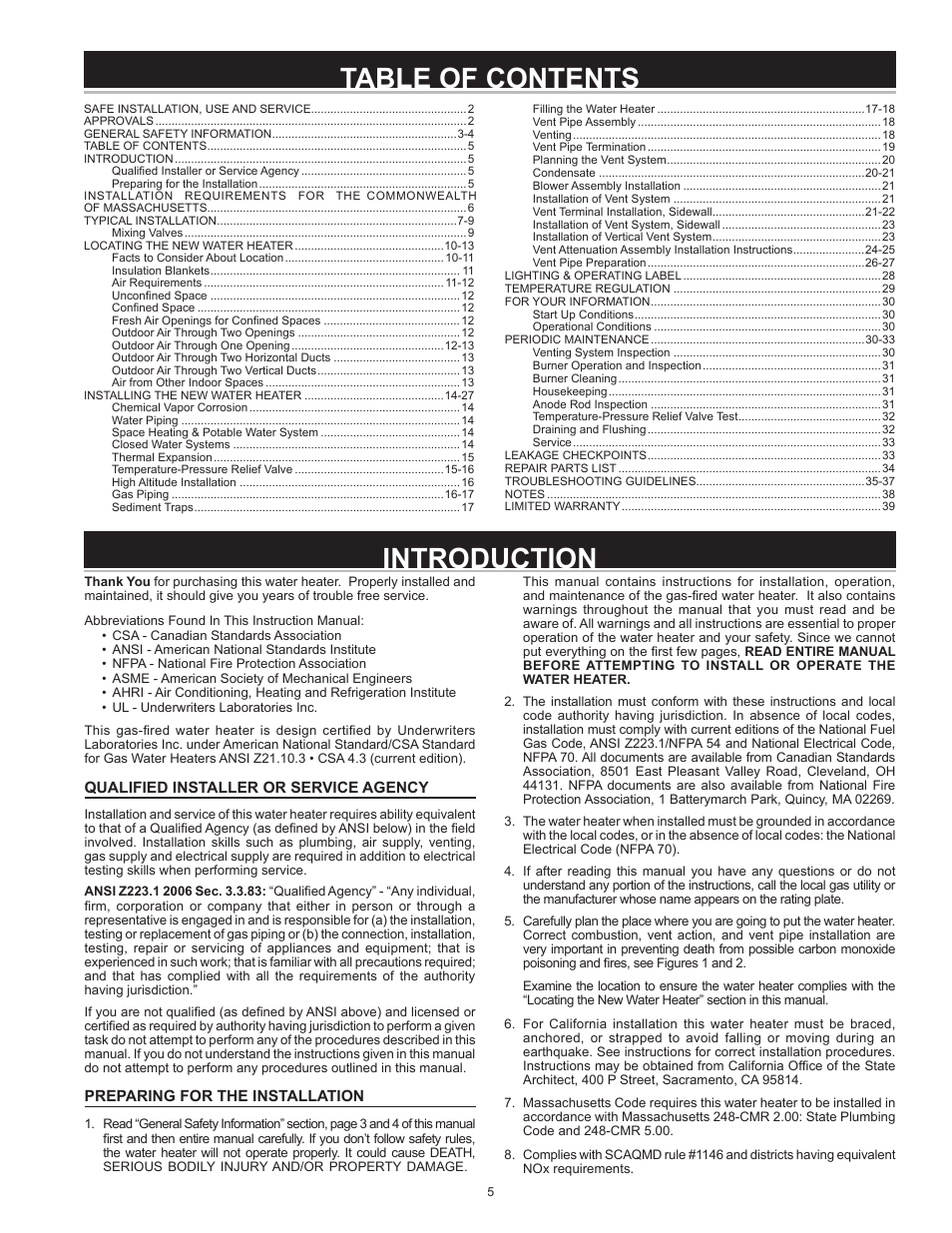 Introduction table of contents | State GP6 50 YTVIT User Manual | Page 5 / 40