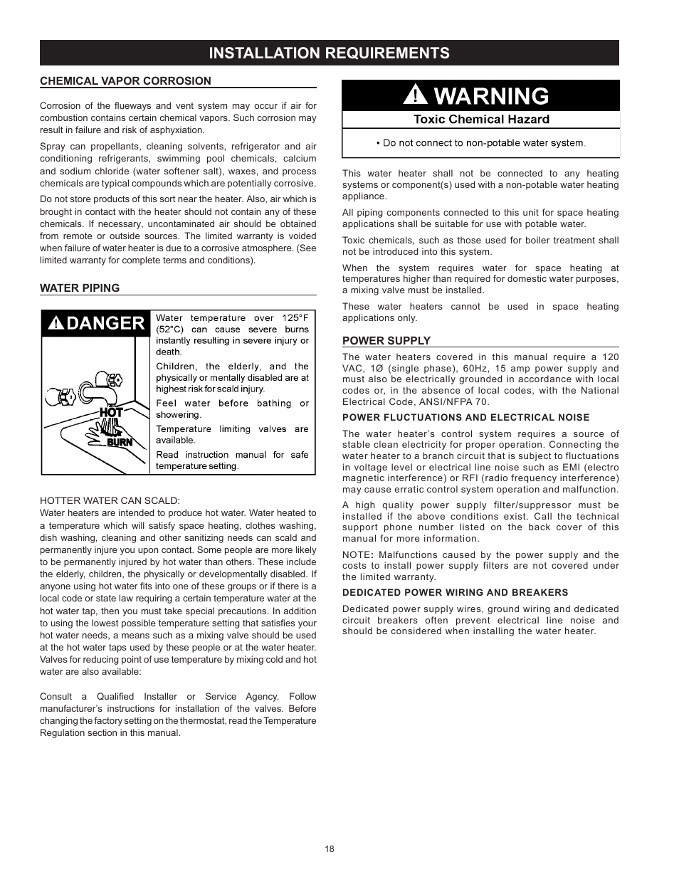 Installation requirements, Chemical vapor corrosion, Water piping | Power supply | State GP6 75 YTPDT User Manual | Page 18 / 60
