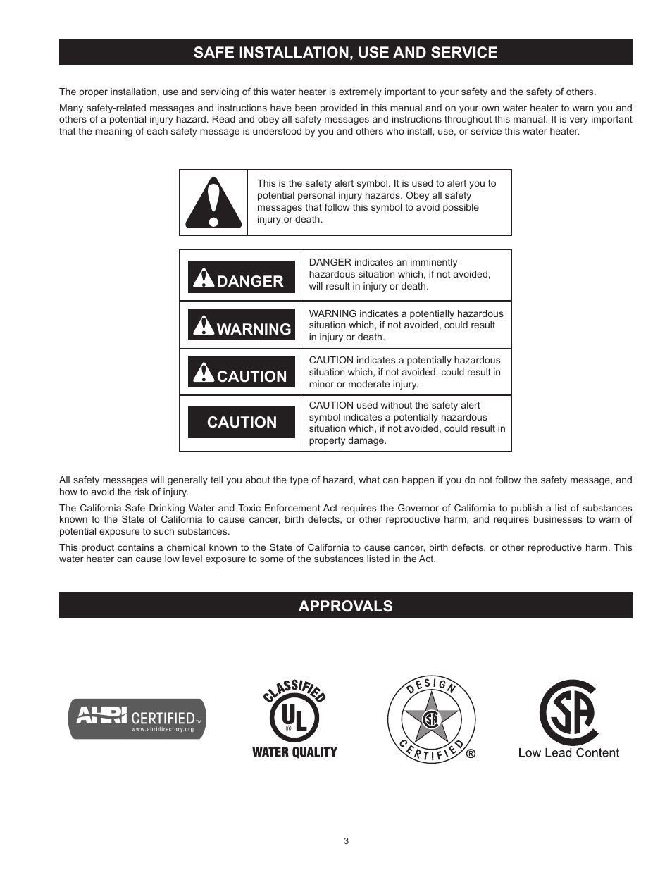 Safe installation, use and service, Approvals, Danger warning caution caution | Approvals safe installation, use and service | State GP6 75 YTPDT User Manual | Page 3 / 60