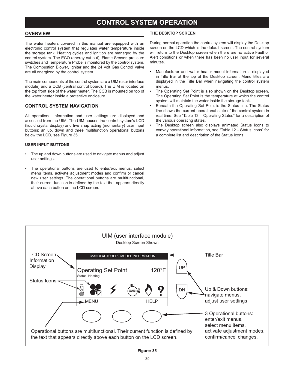 Control system operation, Overview, Control system navigation | Operating set point 120°f, Uim (user interface module) | State GP6 75 YTPDT User Manual | Page 39 / 60