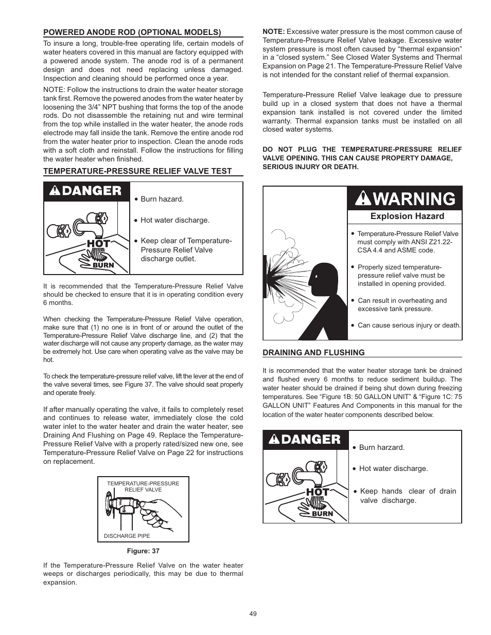 Powered anode rod (optional models), Temperature-pressure relief valve test, Draining and flushing | Explosion hazard | State GP6 75 YTPDT User Manual | Page 49 / 60