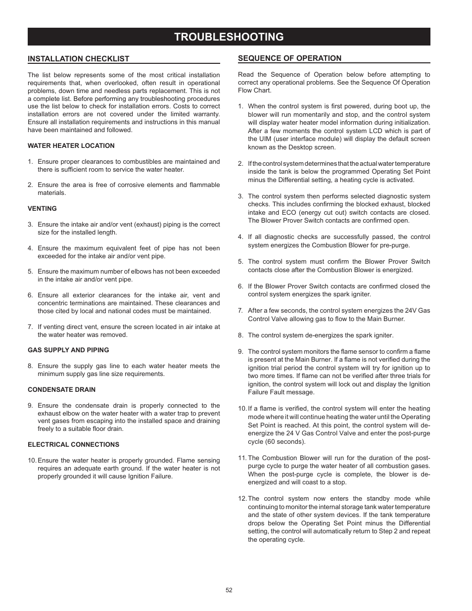Troubleshooting, Installation checklist, Sequence of operation | State GP6 75 YTPDT User Manual | Page 52 / 60