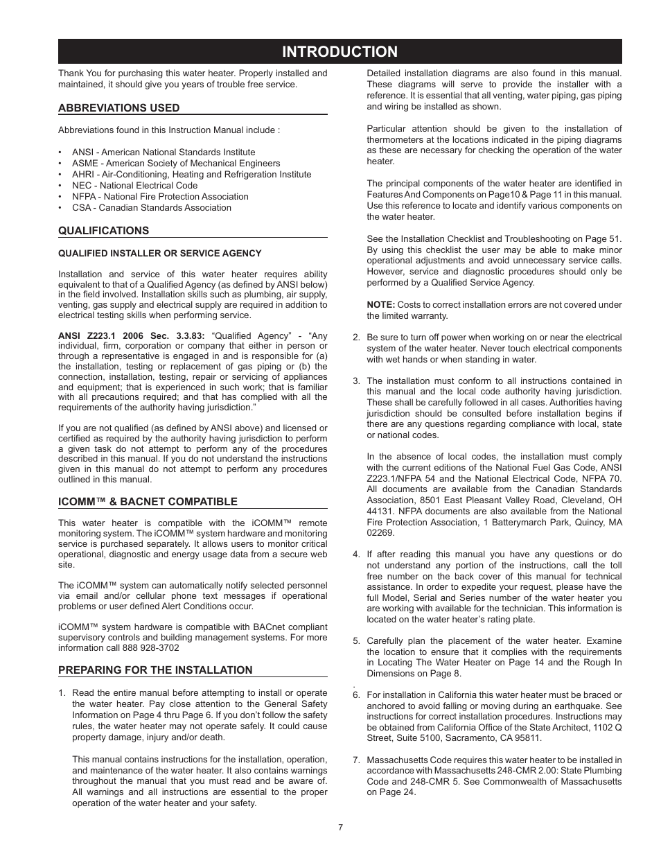 Introduction, Abbreviations used, Qualifications | Icomm™ & bacnet compatible, Preparing for the installation | State GP6 75 YTPDT User Manual | Page 7 / 60