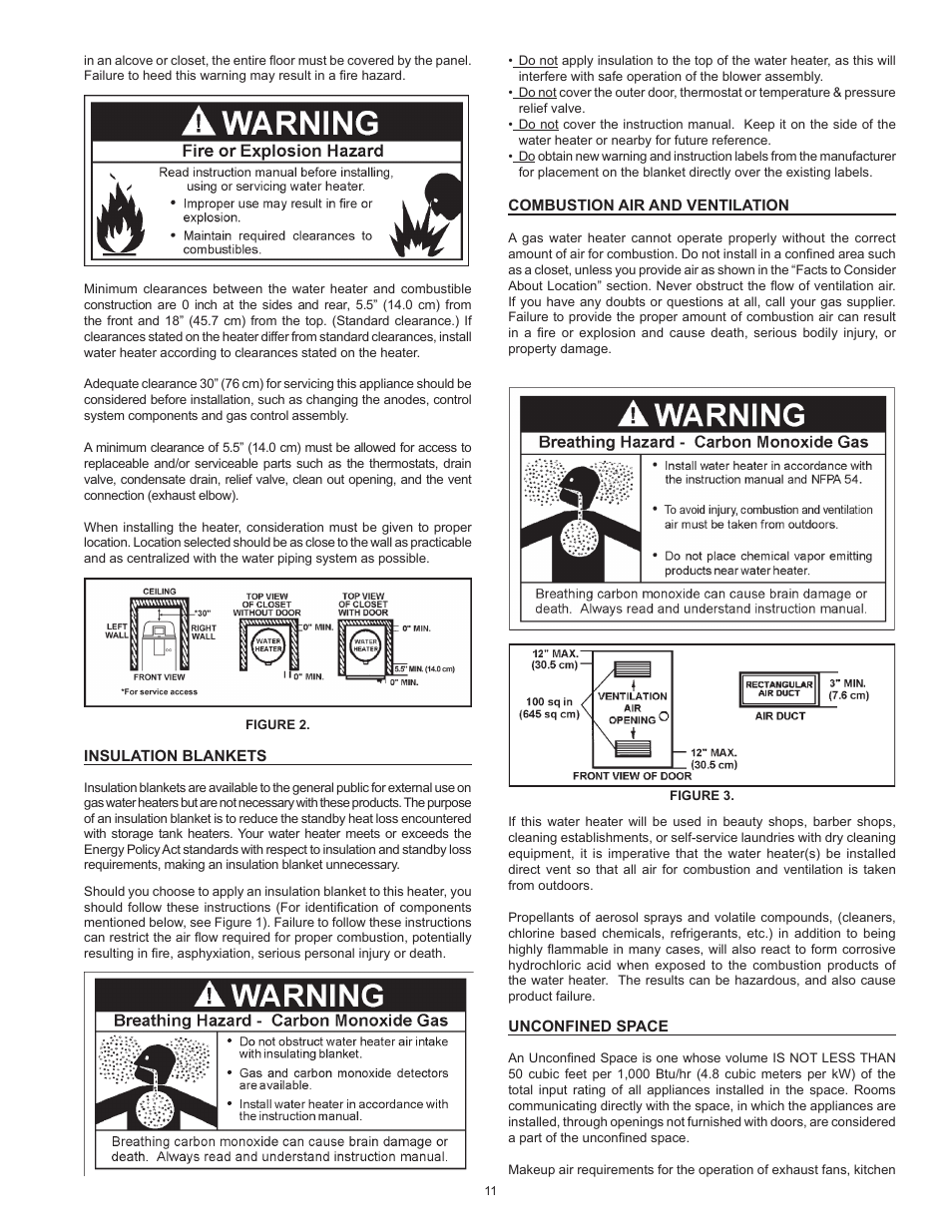 Insulation blankets, Combustion air and ventilation, Unconfined space | State GP6 50 HTPDT User Manual | Page 11 / 56