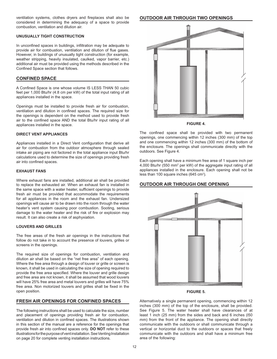 Confined space, Fresh air openings for confined spaces, Outdoor air through two openings | Outdoor air through one opening | State GP6 50 HTPDT User Manual | Page 12 / 56