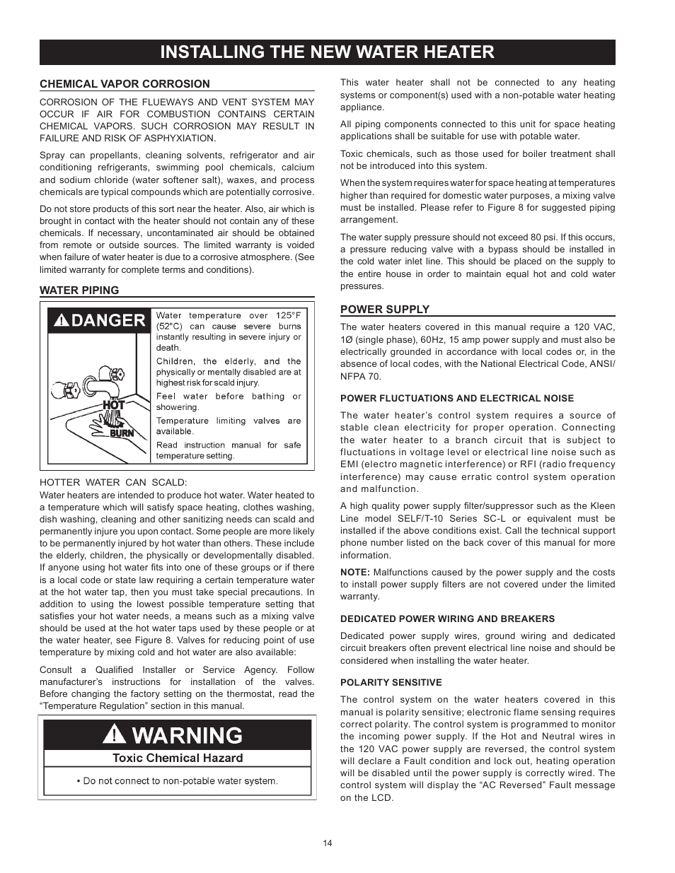 Chemical vapor corrosion, Water piping, Power supply | Installing the new water heater | State GP6 50 HTPDT User Manual | Page 14 / 56