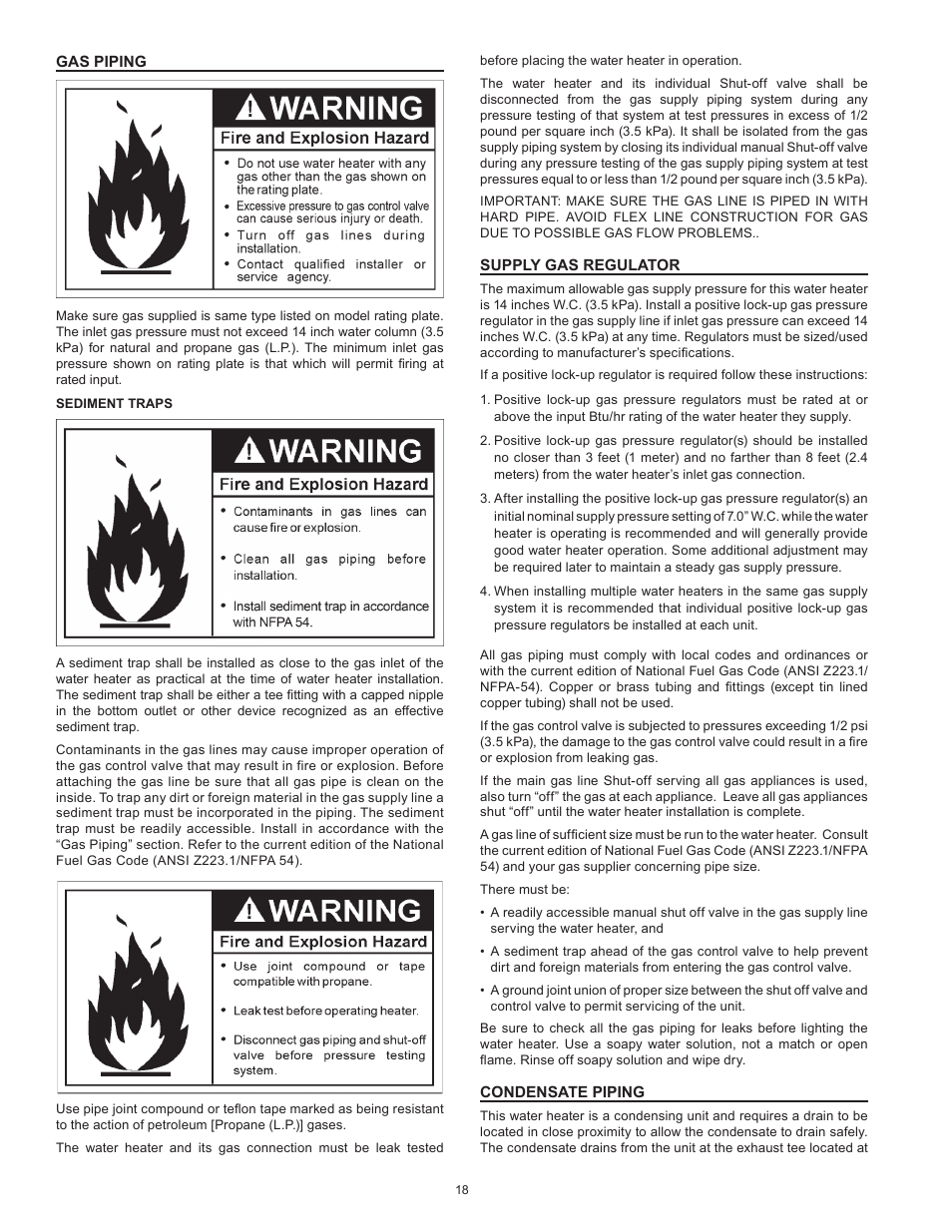 Gas piping, Supply gas regulator, Condensate piping | State GP6 50 HTPDT User Manual | Page 18 / 56