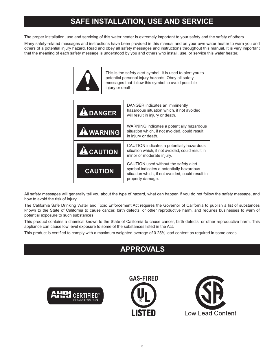Approvals safe installation, use and service, Danger warning caution caution | State GP6 50 HTPDT User Manual | Page 3 / 56