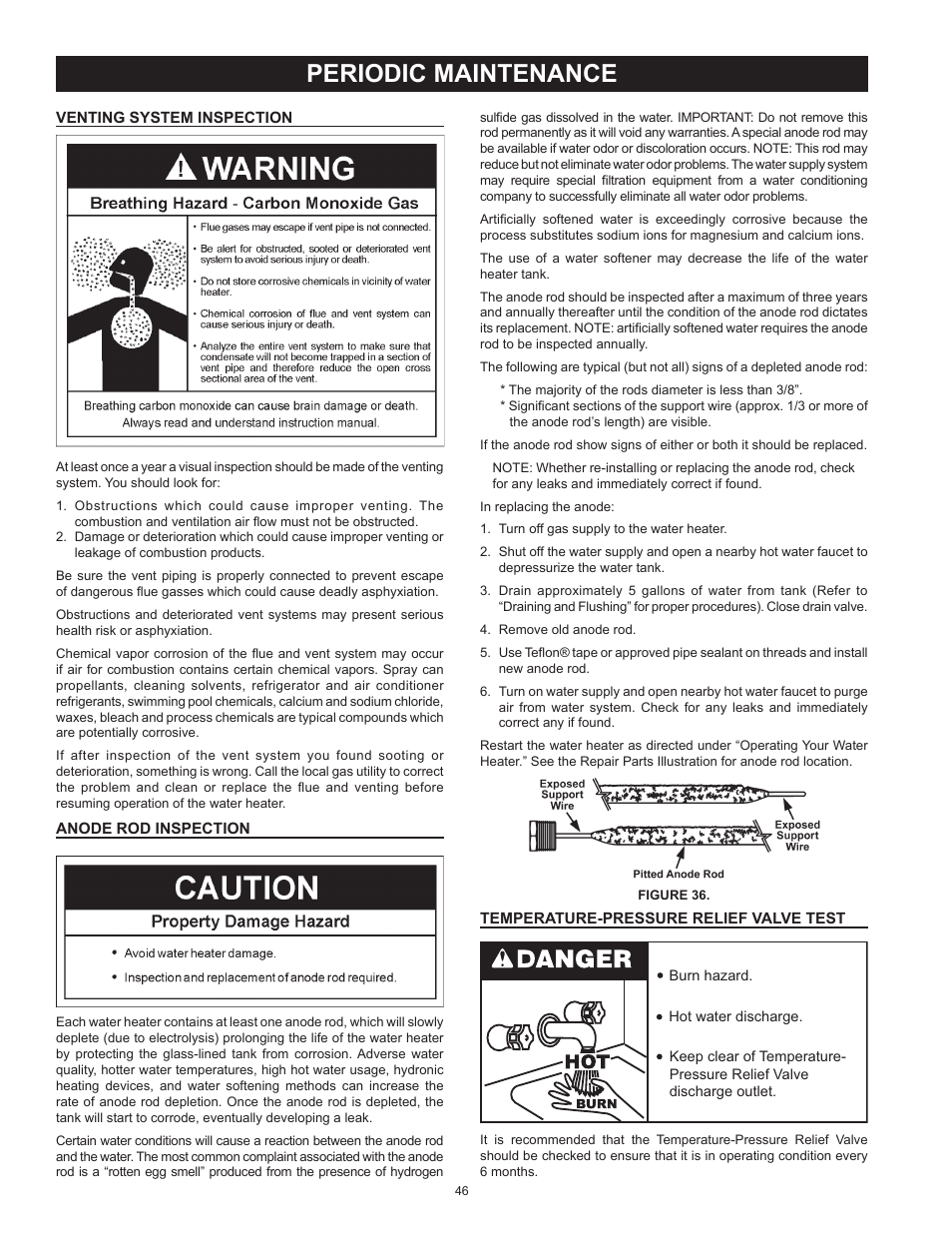 Periodic maintenance, Venting system inspection, Anode rod inspection | Temperature-pressure relief valve test | State GP6 50 HTPDT User Manual | Page 46 / 56