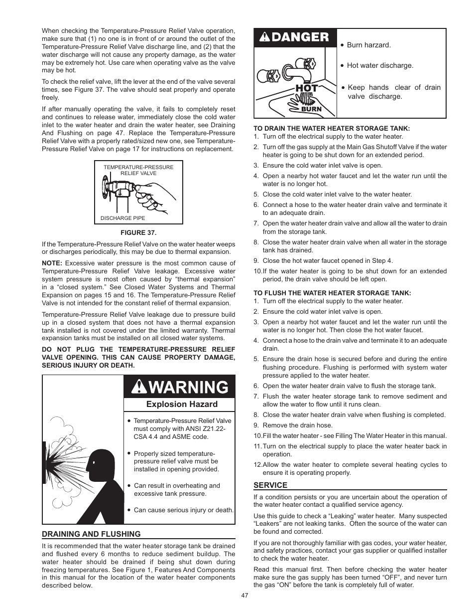 Draining and flushing, Service, Explosion hazard | State GP6 50 HTPDT User Manual | Page 47 / 56