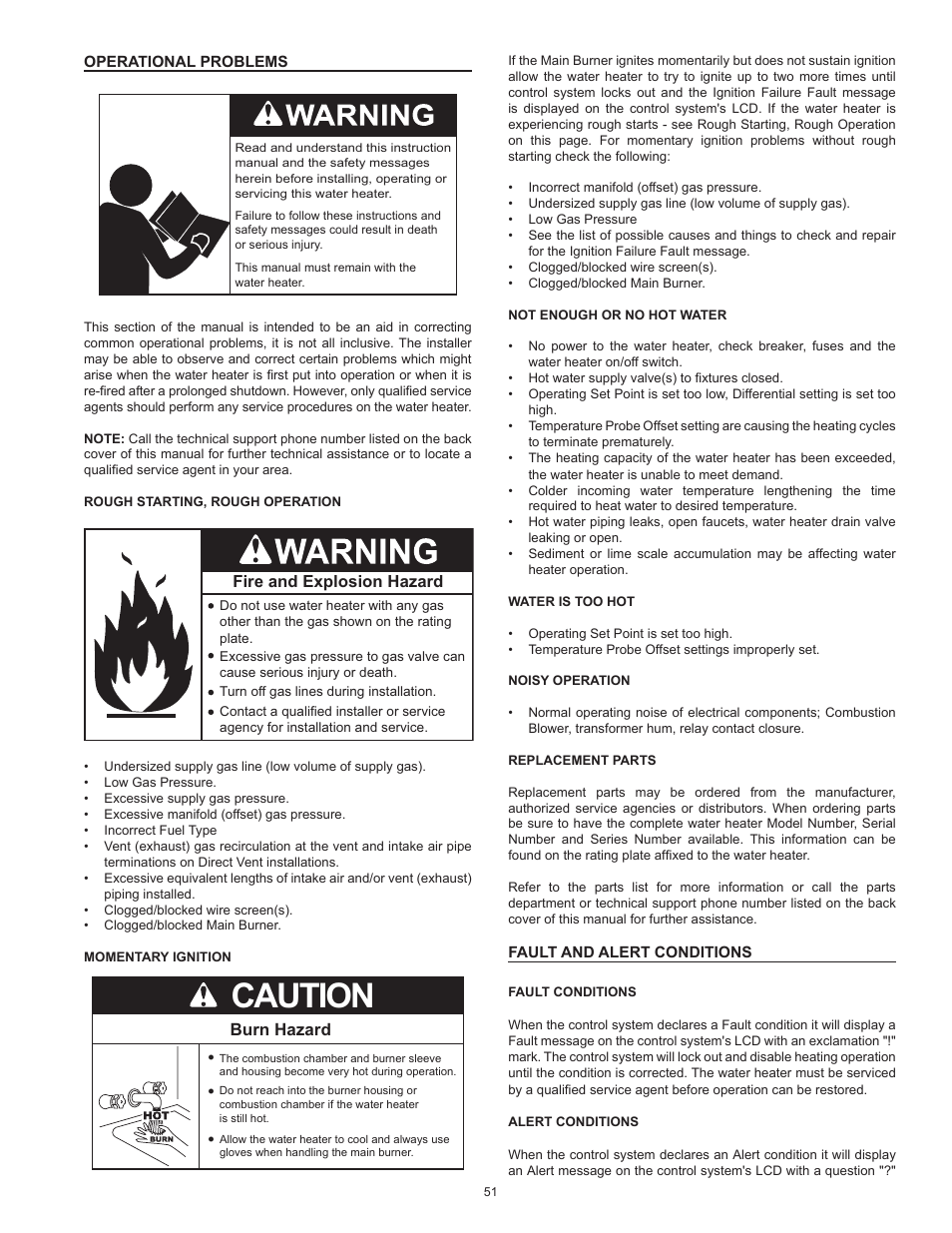 Operational problems, Fault and alert conditions, Caution | Burn hazard | State GP6 50 HTPDT User Manual | Page 51 / 56