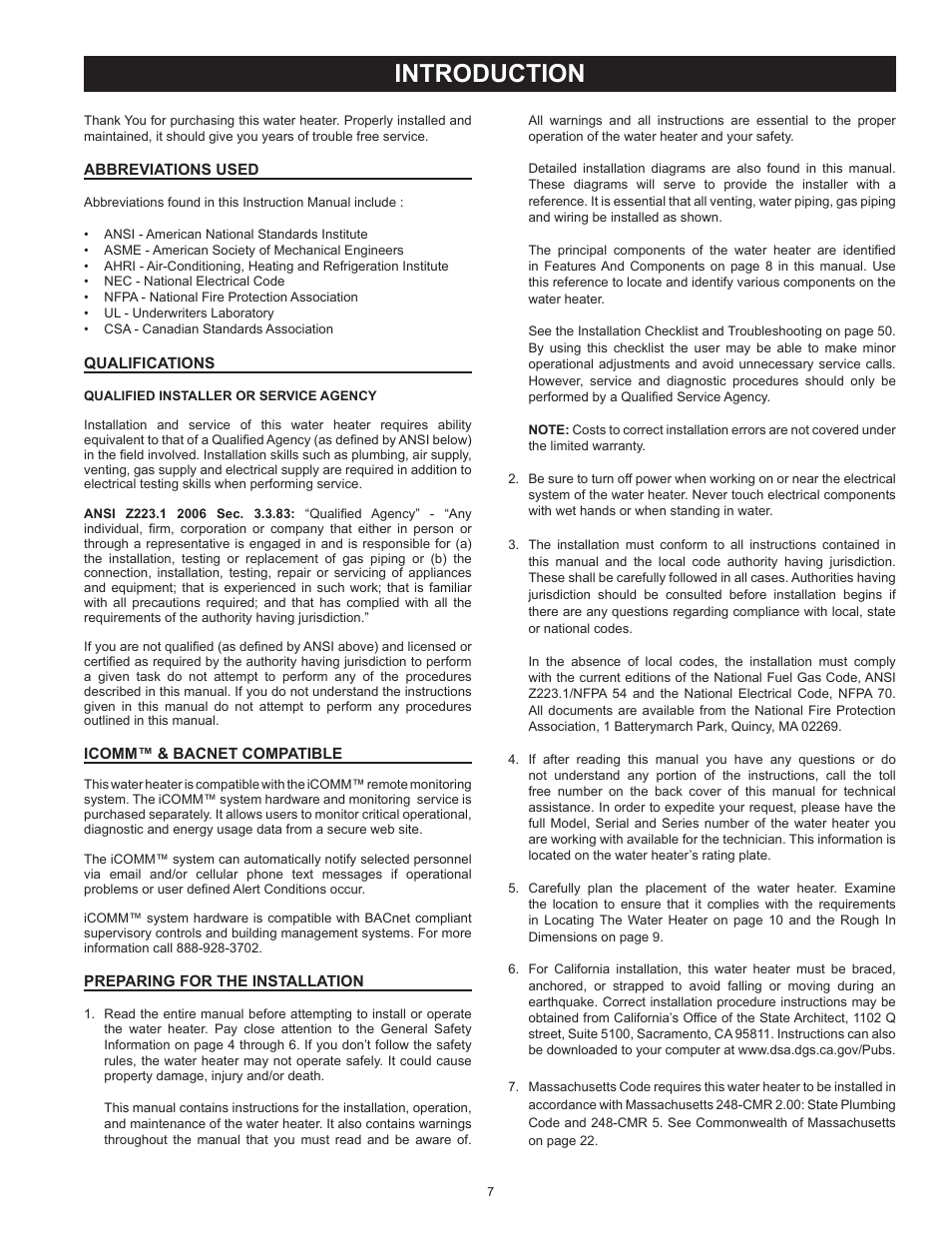 Introduction, Abbreviations used, Qualifications | Icomm™ & bacnet compatible, Preparing for the installation | State GP6 50 HTPDT User Manual | Page 7 / 56