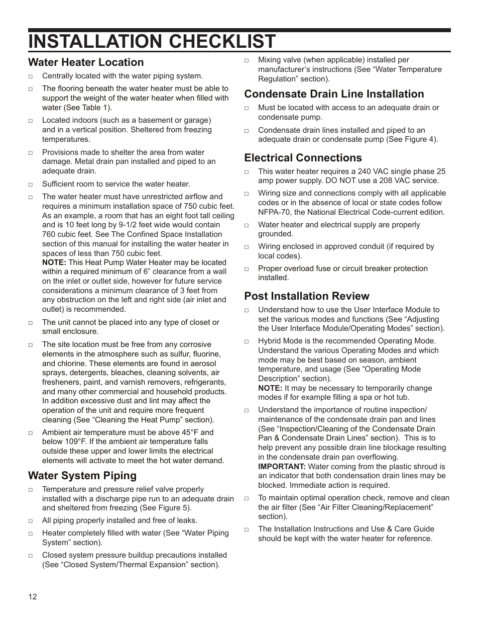 Installation checklist, Water heater location, Water system piping | Condensate drain line installation, Electrical connections, Post installation review | State EPX 80 DHPT User Manual | Page 12 / 22