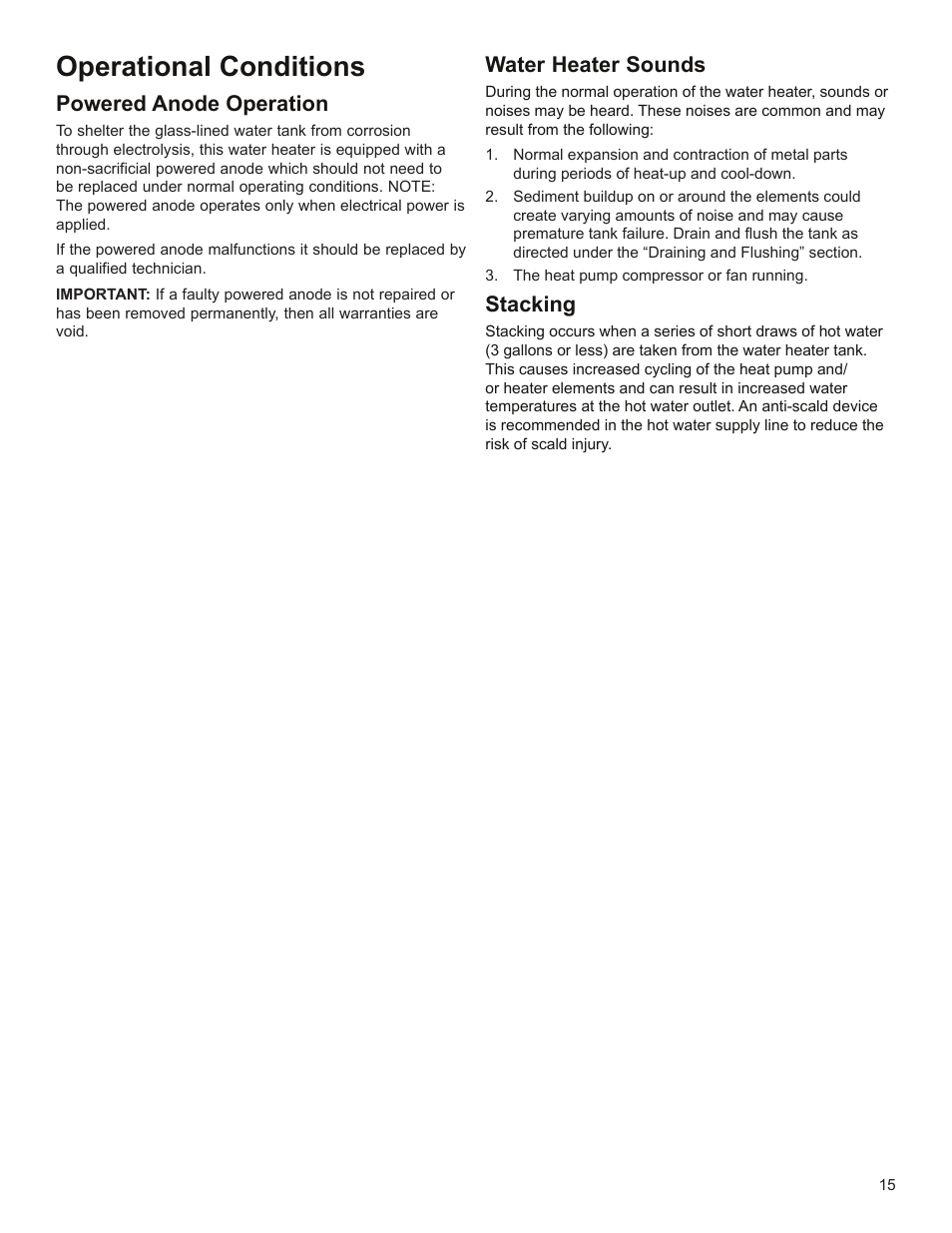 Operational conditions, Powered anode operation, Water heater sounds | Stacking | State EPX 80 DHPT User Manual | Page 15 / 22