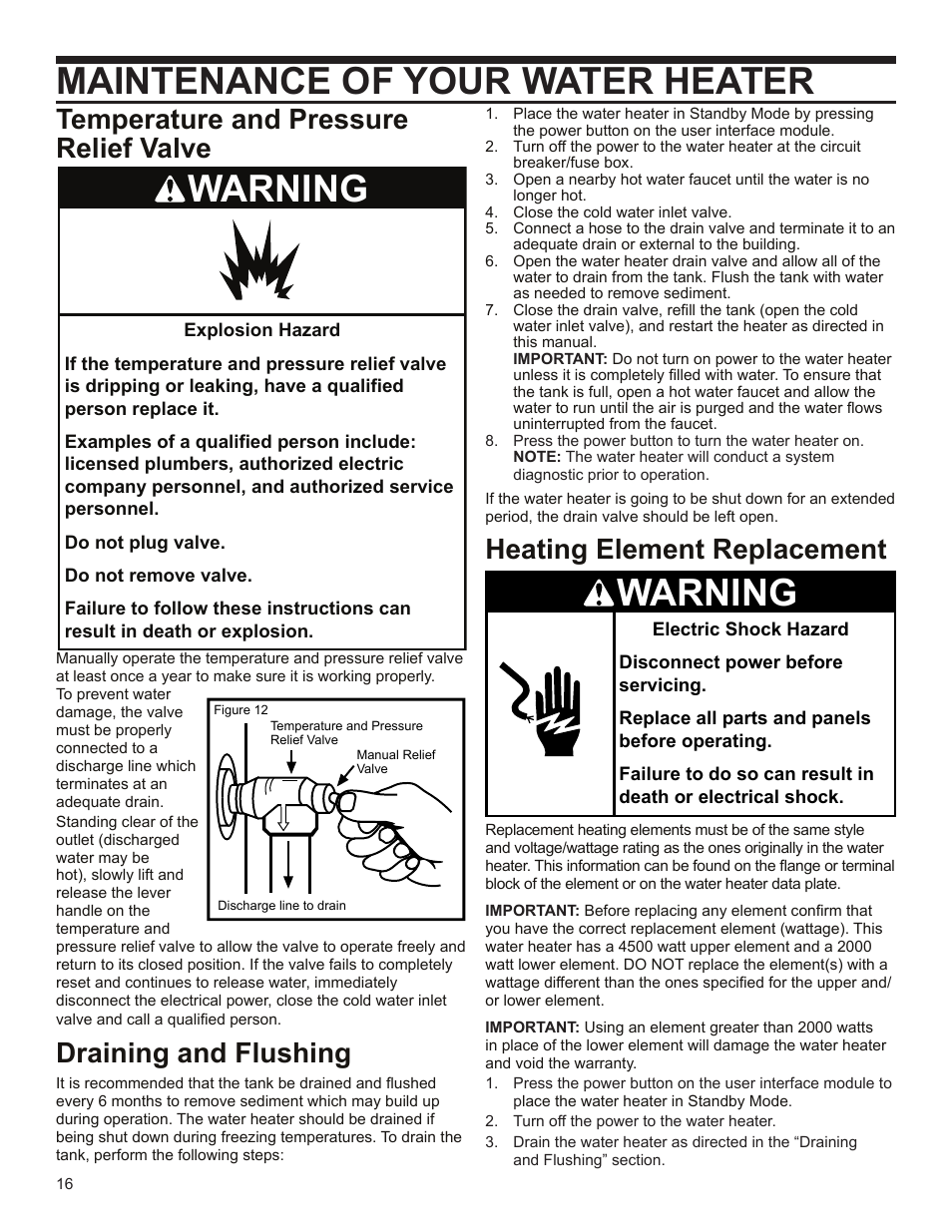 Maintenance of your water heater, Warning, Temperature and pressure relief valve | Draining and flushing, Heating element replacement | State EPX 80 DHPT User Manual | Page 16 / 22