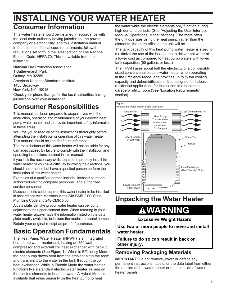 Installing your water heater, Warning, Consumer information | Consumer responsibilities, Basic operation fundamentals, Unpacking the water heater, Removing packaging materials | State EPX 80 DHPT User Manual | Page 3 / 22