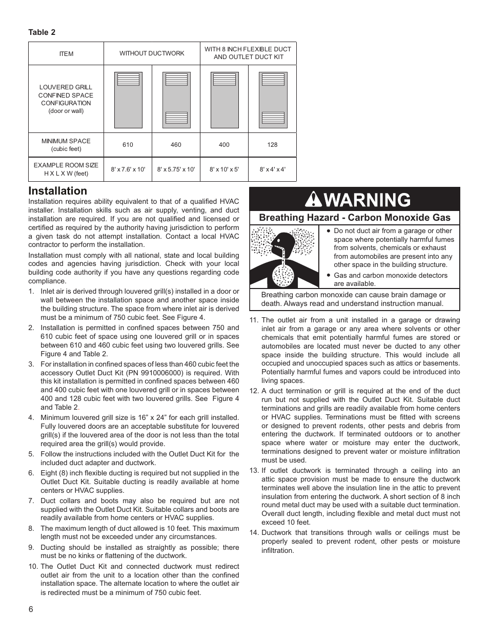 Installation, Breathing hazard - carbon monoxide gas | State EPX 80 DHPT User Manual | Page 6 / 22