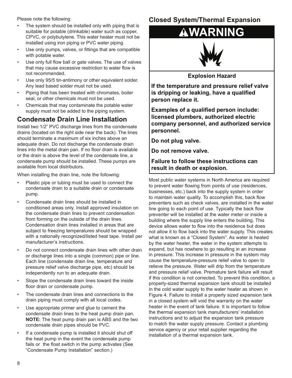 Warning, Condensate drain line installation, Closed system/thermal expansion | State EPX 80 DHPT User Manual | Page 8 / 22