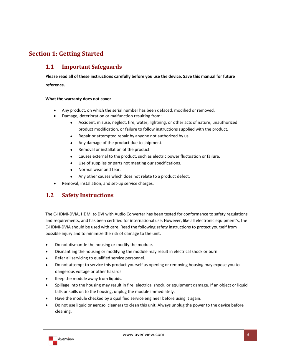 Section 1: getting started, Important safeguards, Safety instructions | 1 important safeguards, 2 safety instructions | Avenview C-HDMI-DVIA User Manual | Page 3 / 10