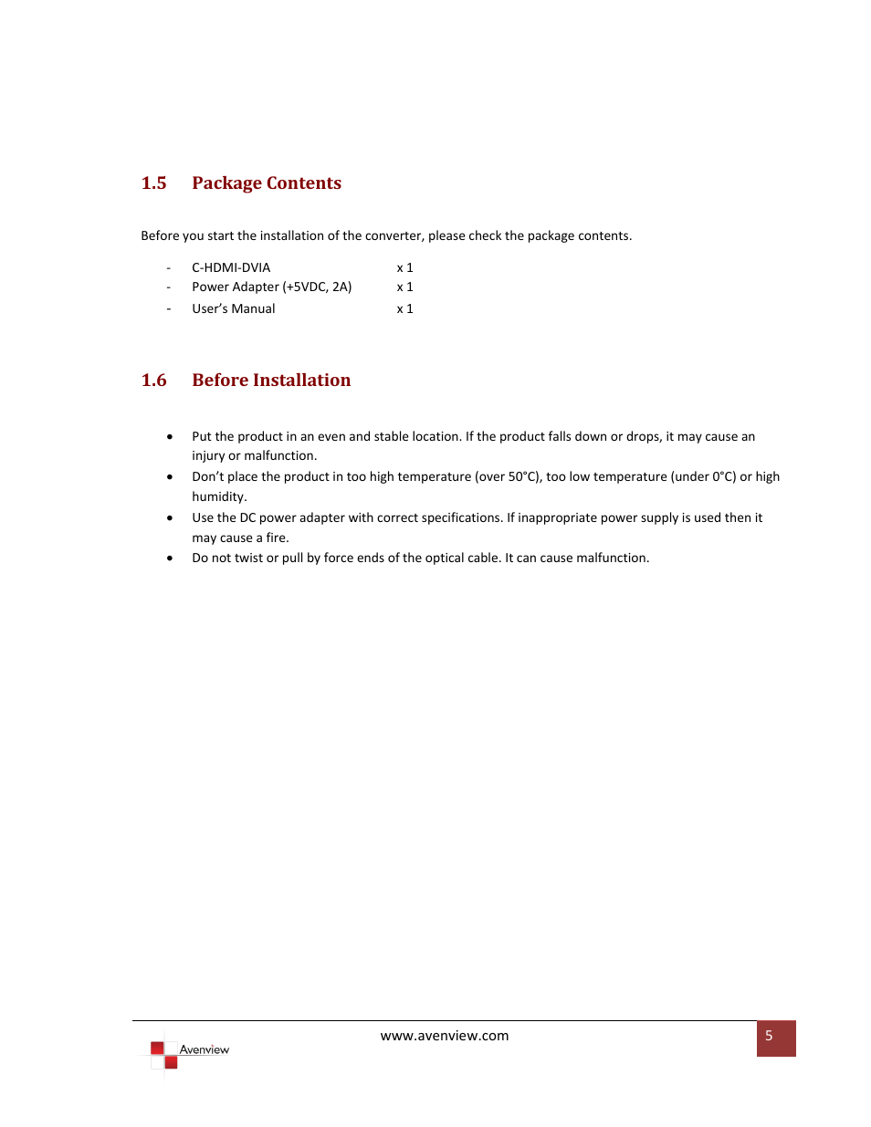 Package contents, Before installation, 5 package contents | 6 before installation | Avenview C-HDMI-DVIA User Manual | Page 5 / 10