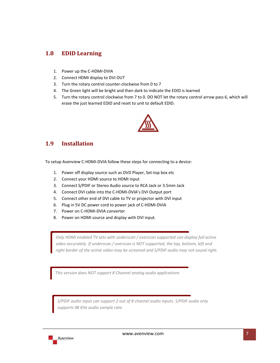 Edid learning, Installation, 8 edid learning | 9 installation | Avenview C-HDMI-DVIA User Manual | Page 7 / 10