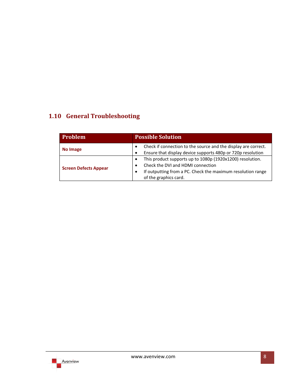 General troubleshooting, 10 general troubleshooting | Avenview C-HDMI-DVIA User Manual | Page 8 / 10