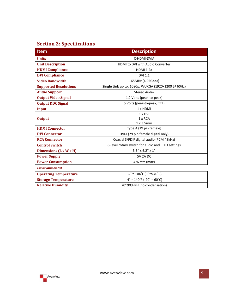 Section 2: specifications | Avenview C-HDMI-DVIA User Manual | Page 9 / 10