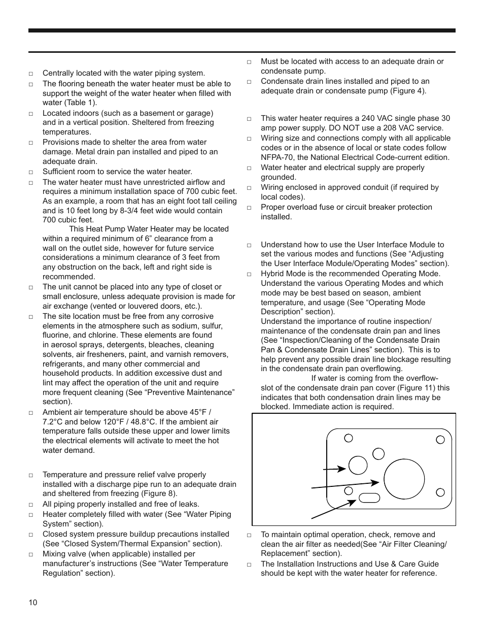 Installation checklist, Water heater location, Water system piping | Condensate drain line installation, Electrical connections, Post installation review | State SPX 50 DHPT User Manual | Page 10 / 20