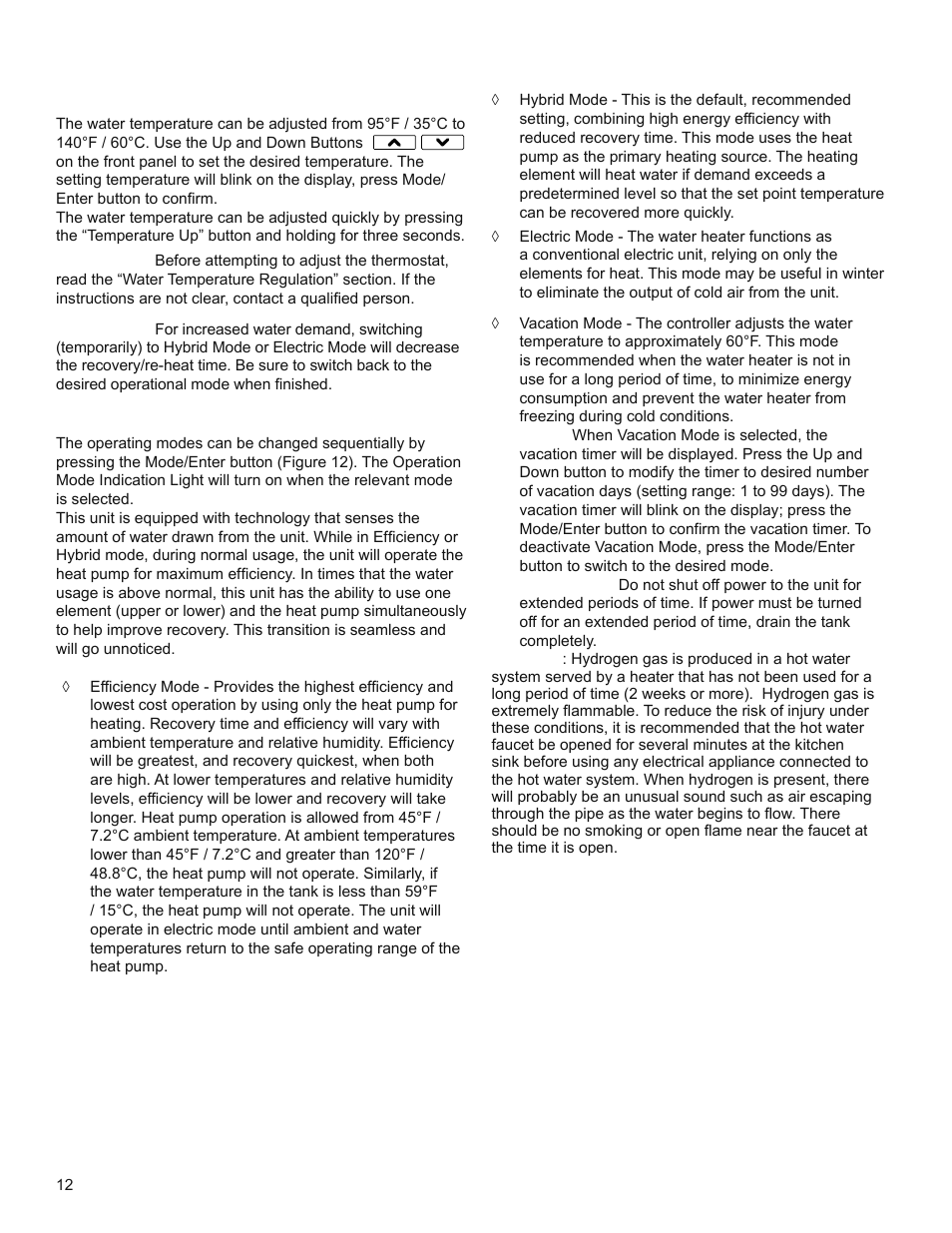 Water temperature adjustment, Operating mode descriptions | State SPX 50 DHPT User Manual | Page 12 / 20