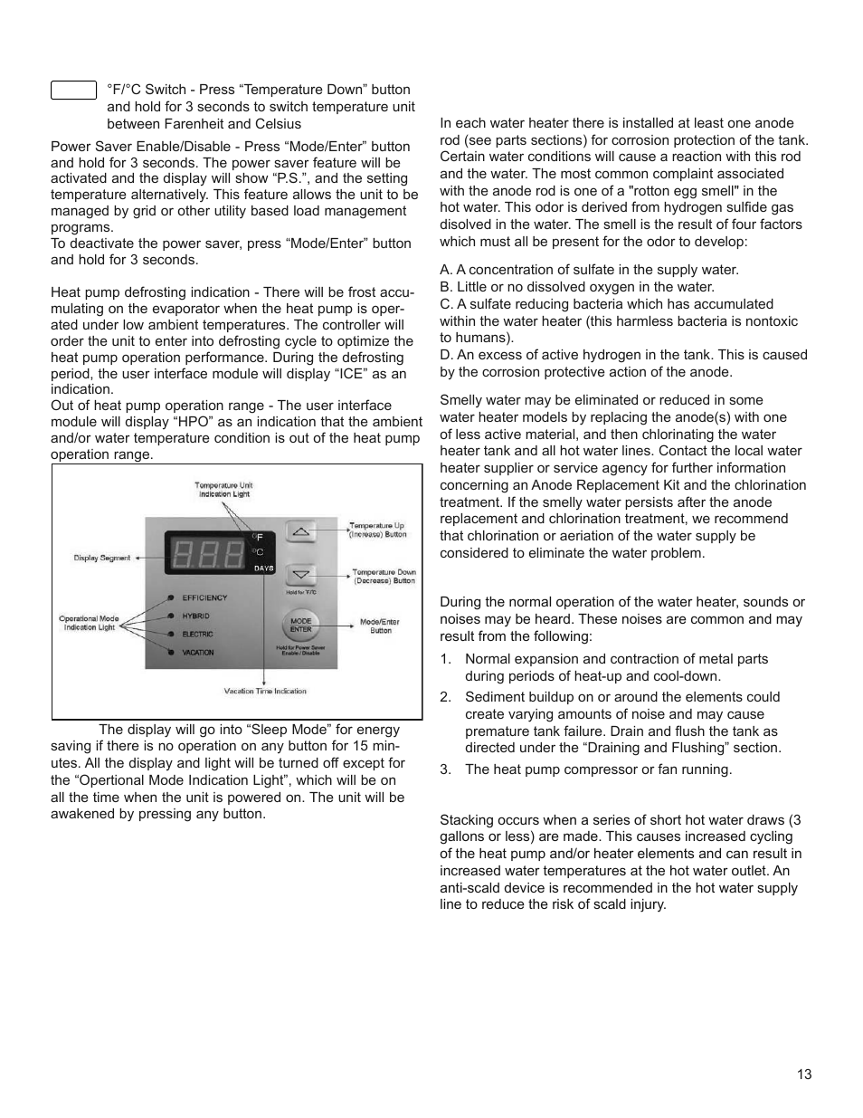 Operational conditions, Water heater sounds, Stacking | Other controls | State SPX 50 DHPT User Manual | Page 13 / 20