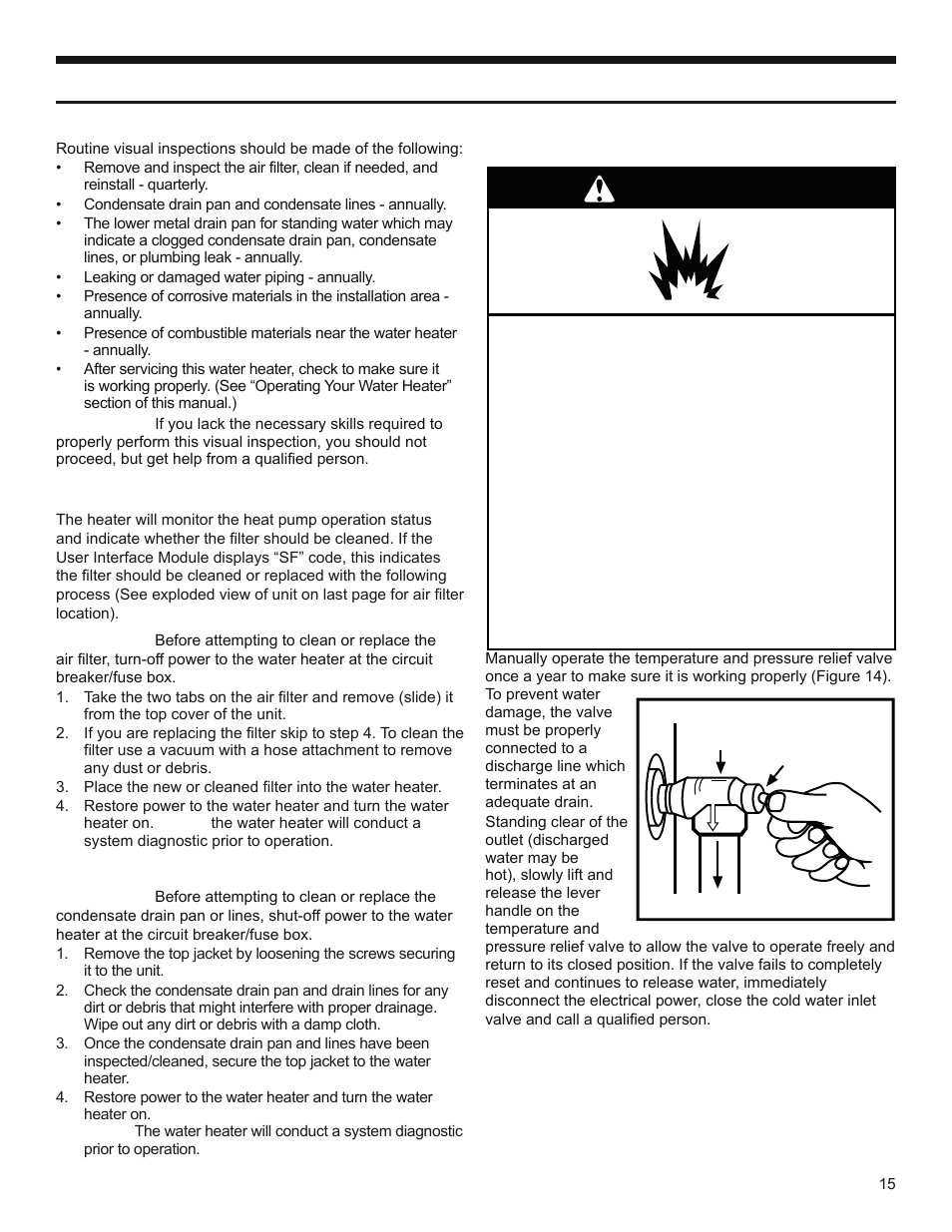 Maintenance of your water heater, Warning, Temperature and pressure relief valve | Routine maintenance, Air filter maintenance, Condensate drain maintenance | State SPX 50 DHPT User Manual | Page 15 / 20