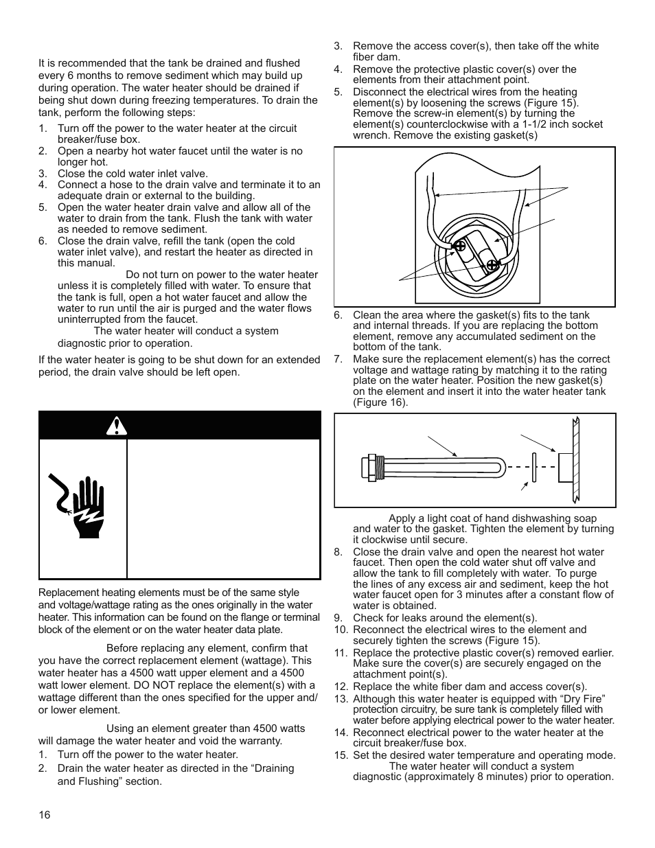 Warning, Draining and flushing, Heating element replacement | State SPX 50 DHPT User Manual | Page 16 / 20